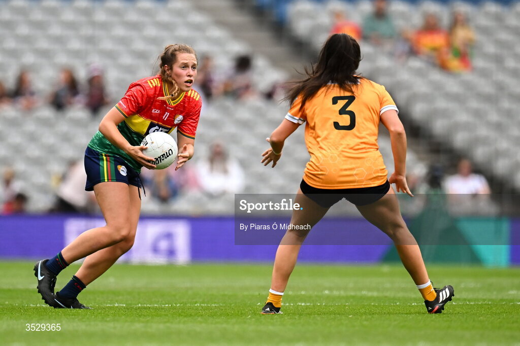 2 August 2026; Clíodhna Ní Shé of Carlow in action against Maeve Blaney of Antrim during the LGFA TG4 All-Ireland Junior Championship final match between Antrim and Carlow at Croke Park in Dublin. Photo by Piaras Ó Mídheach/Sportsfile