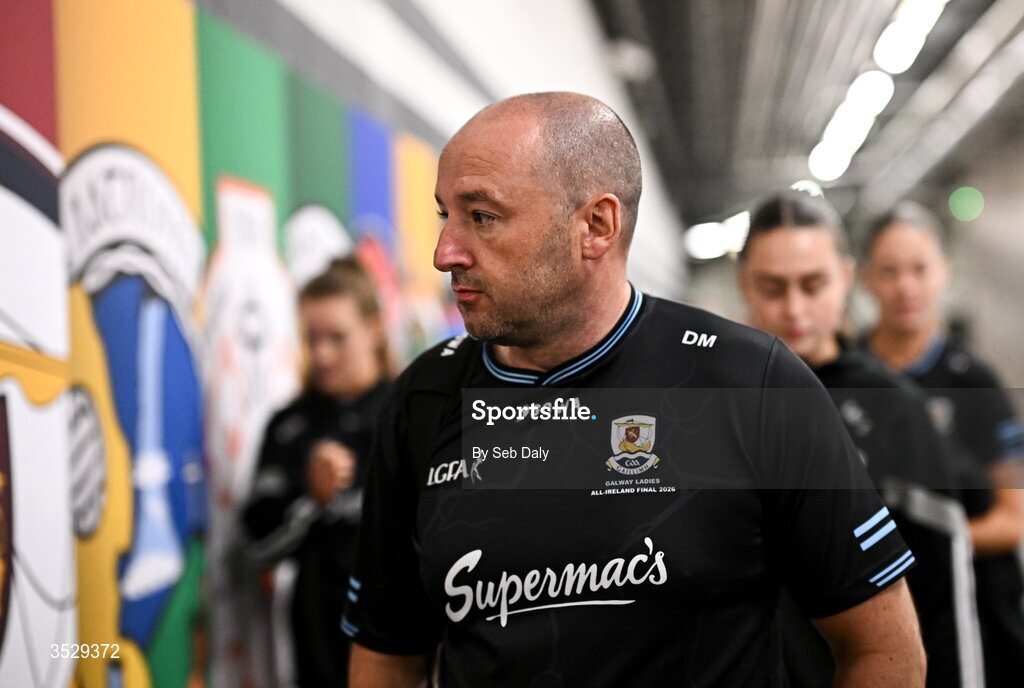 2 August 2026; Galway manager Daniel Moynihan and his players arrive before the LGFA TG4 All-Ireland Senior Championship final match between Galway and Kerry at Croke Park in Dublin. Photo by Seb Daly/Sportsfile