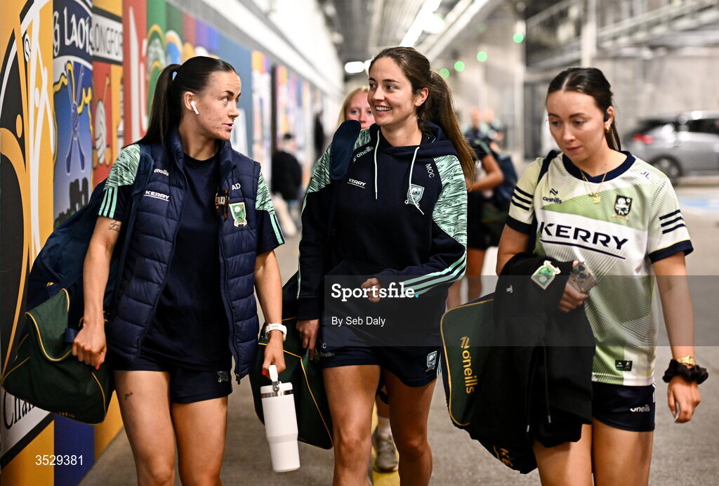 2 August 2026; Kerry players, from left, Aoife Dillane, Mary O’Connell, and Jadyn Lucey arrive before the LGFA TG4 All-Ireland Senior Championship final match between Galway and Kerry at Croke Park in Dublin. Photo by Seb Daly/Sportsfile