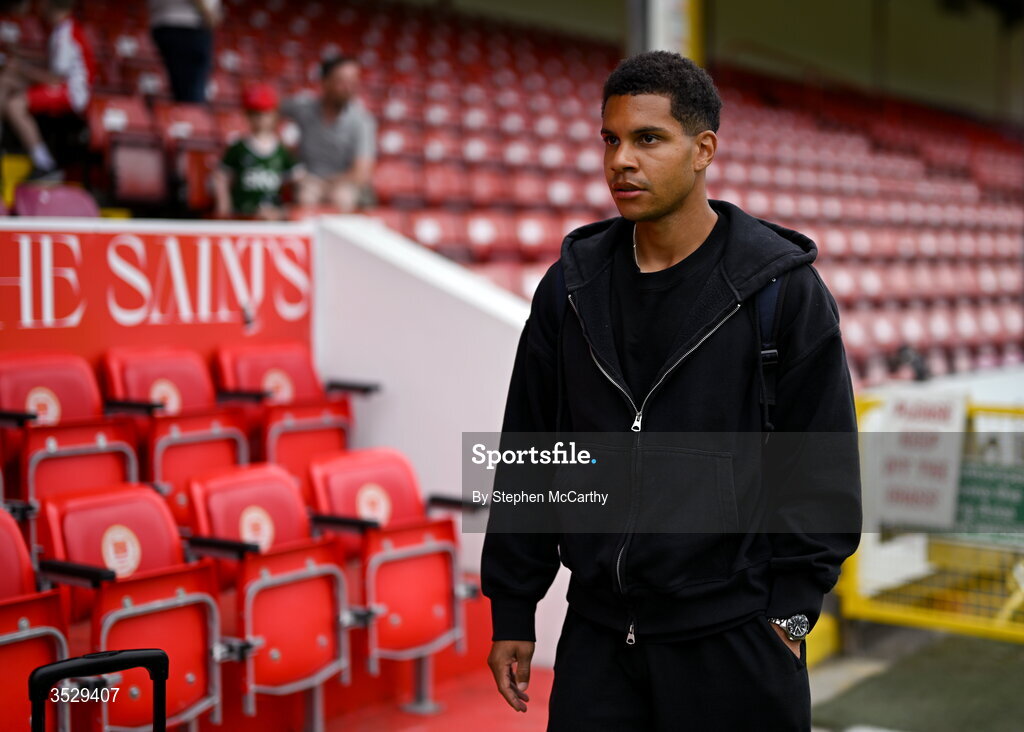 2 August 2026; Anthony Olusanya of St Patrick's Athletic arrives for the SSE Airtricity Men's Premier Division match between St Patrick's Athletic and Derry City at Richmond Park in Dublin. Photo by Stephen McCarthy/Sportsfile