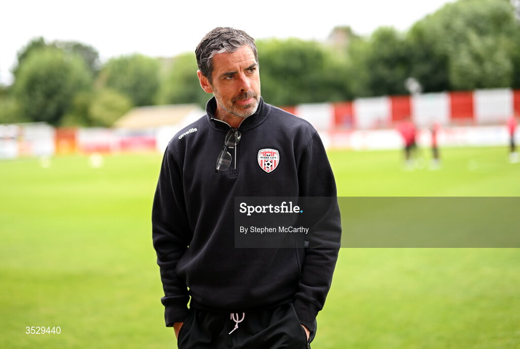 2 August 2026; Derry City manager Tiernan Lynch before the SSE Airtricity Men's Premier Division match between St Patrick's Athletic and Derry City at Richmond Park in Dublin. Photo by Stephen McCarthy/Sportsfile