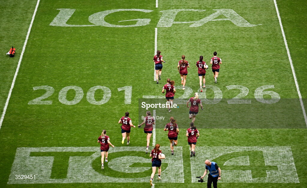2 August 2026; Galway players make their way out to the team photograph before  the LGFA TG4 All-Ireland Senior Championship final match between Galway and Kerry at Croke Park in Dublin. Photo by Seb Daly/Sportsfile