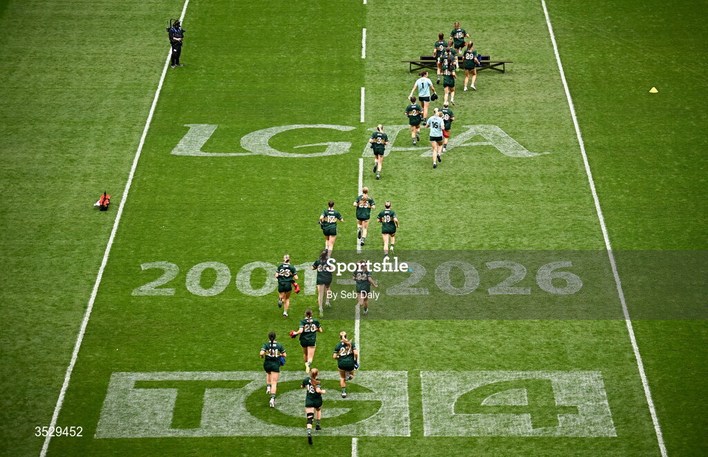 2 August 2026; Kerry players make their way out to the team photograph before the LGFA TG4 All-Ireland Senior Championship final match between Galway and Kerry at Croke Park in Dublin. Photo by Seb Daly/Sportsfile