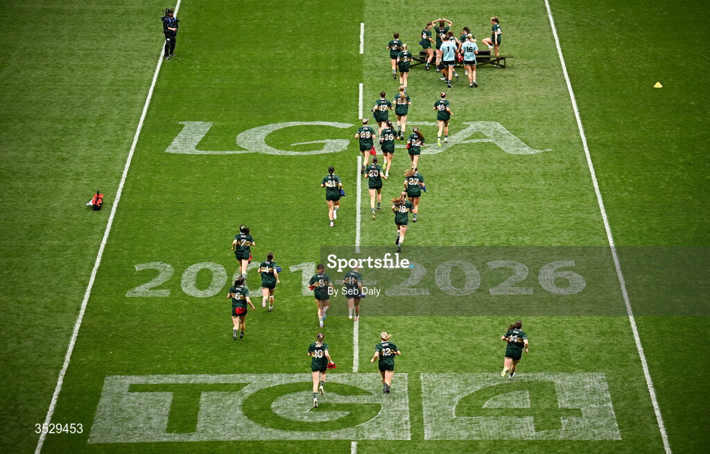2 August 2026; Kerry players make their way out to the team photograph before the LGFA TG4 All-Ireland Senior Championship final match between Galway and Kerry at Croke Park in Dublin. Photo by Seb Daly/Sportsfile