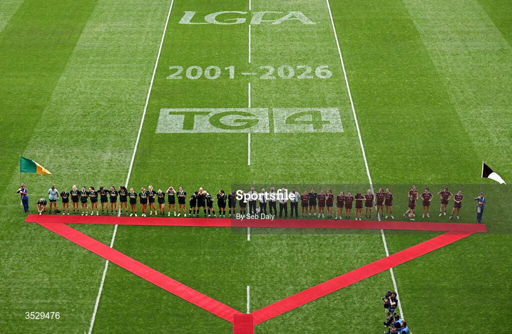 2 August 2026; Players and officials before the LGFA TG4 All-Ireland Senior Championship final match between Galway and Kerry at Croke Park in Dublin. Photo by Seb Daly/Sportsfile