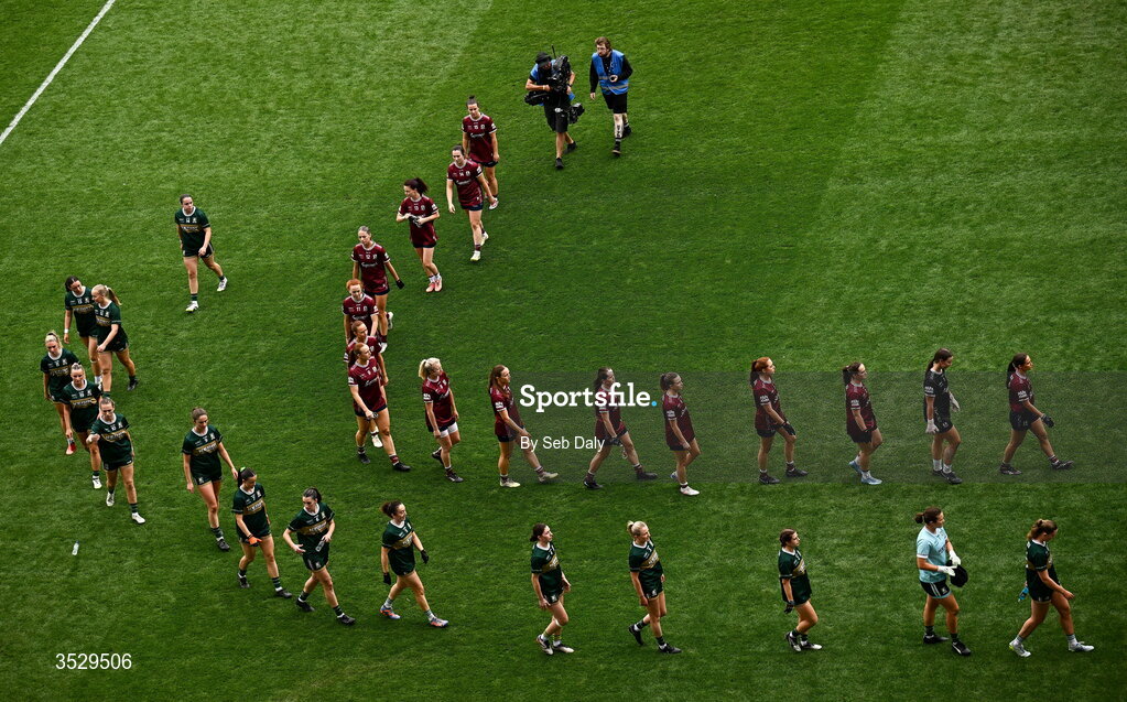 2 August 2026; Kerry and Galway players during the parade before the LGFA TG4 All-Ireland Senior Championship final match between Galway and Kerry at Croke Park in Dublin. Photo by Seb Daly/Sportsfile