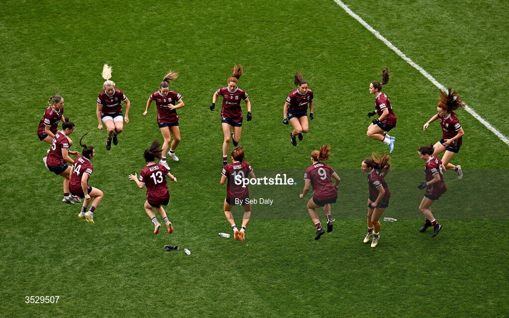 2 August 2026; Galway players before the LGFA TG4 All-Ireland Senior Championship final match between Galway and Kerry at Croke Park in Dublin. Photo by Seb Daly/Sportsfile