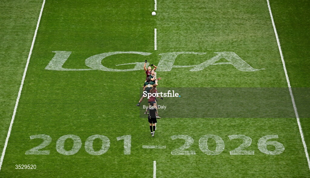 2 August 2026; Kerry and Galway players contest for the ball at the throw-in during the LGFA TG4 All-Ireland Senior Championship final match between Galway and Kerry at Croke Park in Dublin. Photo by Seb Daly/Sportsfile