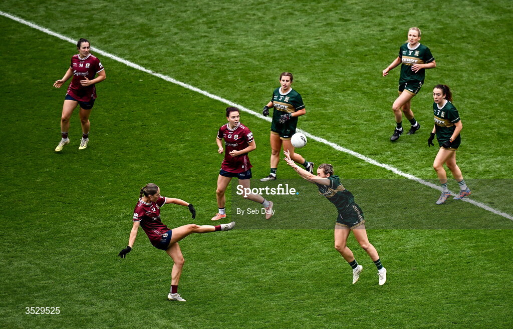 2 August 2026; Kate Thompson of Galway in action against Anna Galvin of Kerry during the LGFA TG4 All-Ireland Senior Championship final match between Galway and Kerry at Croke Park in Dublin. Photo by Seb Daly/Sportsfile