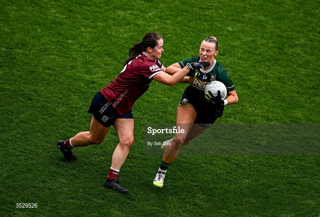 2 August 2026; Mikala Mulvihill of Kerry in action against Nicola Ward of Galway during the LGFA TG4 All-Ireland Senior Championship final match between Galway and Kerry at Croke Park in Dublin. Photo by Seb Daly/Sportsfile