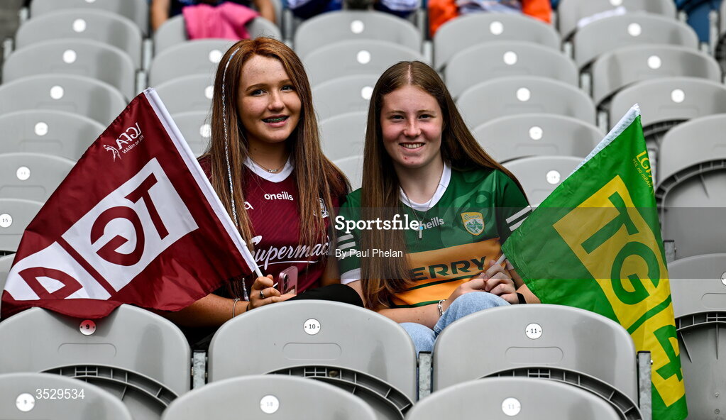 2 August 2026; A Galway supporter and a Kerry supporter before the LGFA TG4 All-Ireland Senior Championship final match between Galway and Kerry at Croke Park in Dublin. Photo by Paul Phelan/Sportsfile