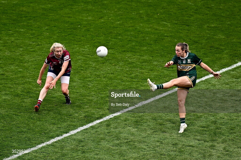 2 August 2026; Niamh Carmody of Kerry kicks a point during the LGFA TG4 All-Ireland Senior Championship final match between Galway and Kerry at Croke Park in Dublin. Photo by Seb Daly/Sportsfile