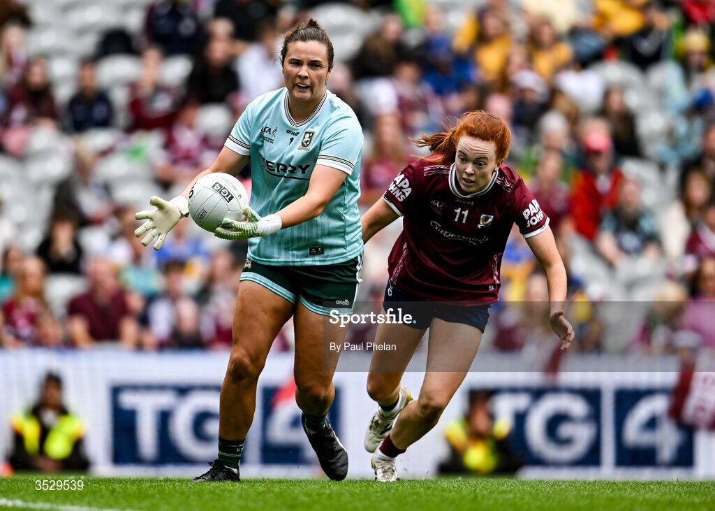 2 August 2026; Kerry goalkeeper Mary Ellen Bolger in action against Kate Slevin of Galway during the LGFA TG4 All-Ireland Senior Championship final match between Galway and Kerry at Croke Park in Dublin. Photo by Paul Phelan/Sportsfile