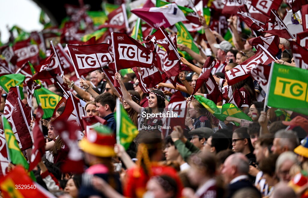 2 August 2026; A Galway supporter before the LGFA TG4 All-Ireland Senior Championship final match between Galway and Kerry at Croke Park in Dublin. Photo by Paul Phelan/Sportsfile