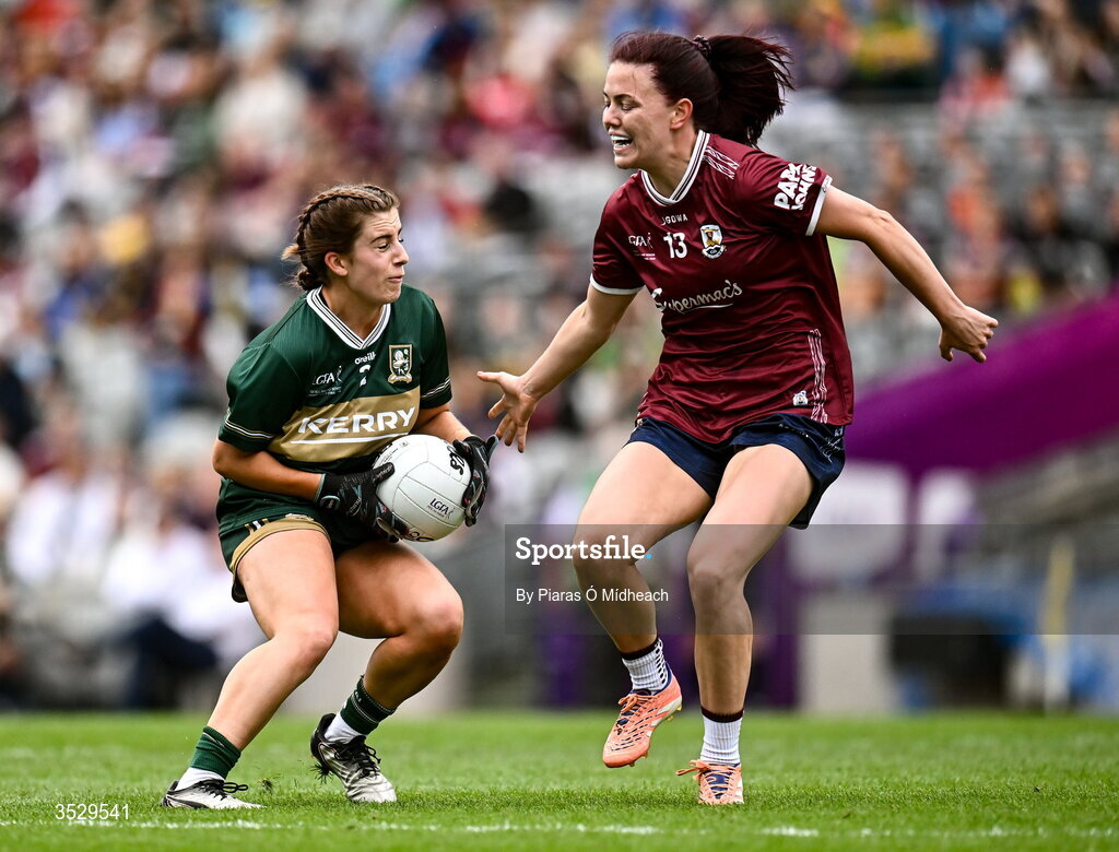 2 August 2026; Róisín Rahilly of Kerry in action against Eva Noone of Galway during the LGFA TG4 All-Ireland Senior Championship final match between Galway and Kerry at Croke Park in Dublin. Photo by Piaras Ó Mídheach/Sportsfile