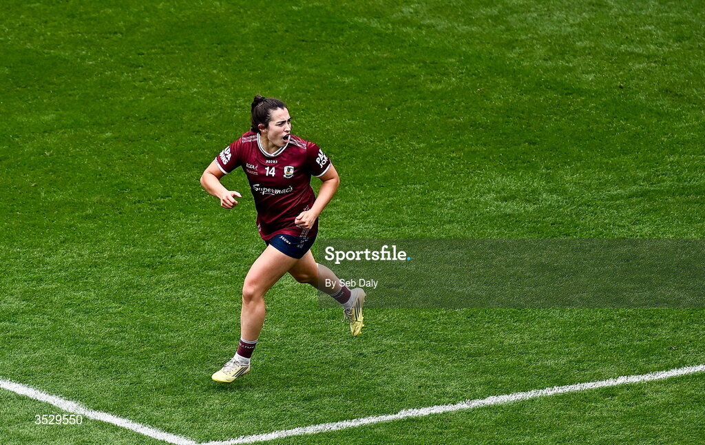 2 August 2026; Leanne Coen of Galway celebrates after scoring her side's first goal during the LGFA TG4 All-Ireland Senior Championship final match between Galway and Kerry at Croke Park in Dublin. Photo by Seb Daly/Sportsfile