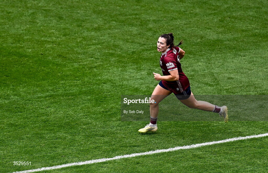 2 August 2026; Leanne Coen of Galway celebrates after scoring her side's first goal during the LGFA TG4 All-Ireland Senior Championship final match between Galway and Kerry at Croke Park in Dublin. Photo by Seb Daly/Sportsfile