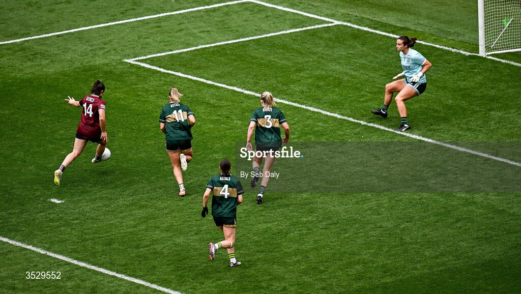 2 August 2026; Leanne Coen of Galway, left, shoots to score her side's first goal during the LGFA TG4 All-Ireland Senior Championship final match between Galway and Kerry at Croke Park in Dublin. Photo by Seb Daly/Sportsfile