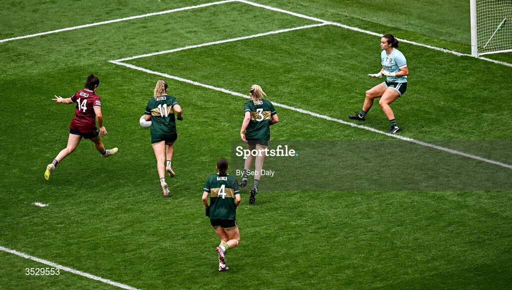 2 August 2026; Leanne Coen of Galway, left, shoots to score her side's first goal during the LGFA TG4 All-Ireland Senior Championship final match between Galway and Kerry at Croke Park in Dublin. Photo by Seb Daly/Sportsfile