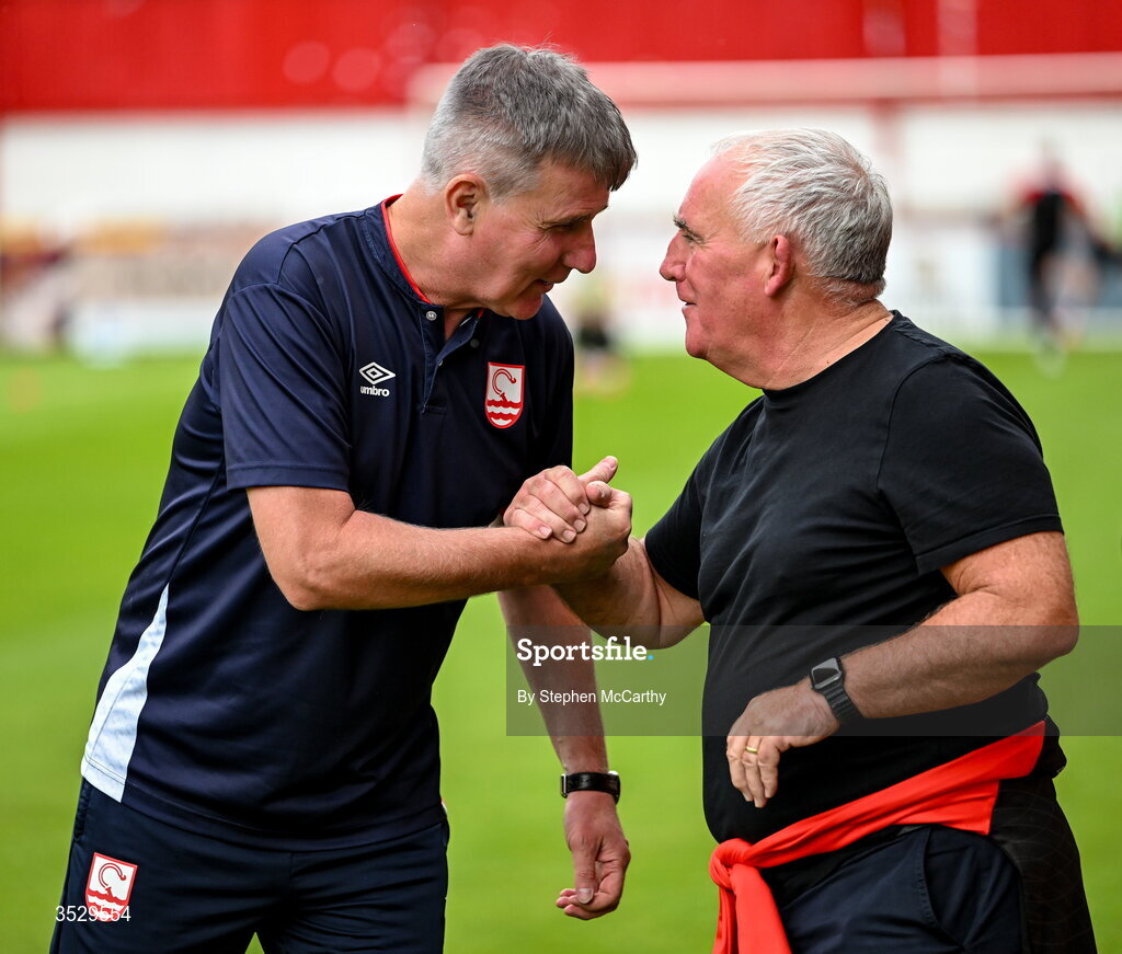 2 August 2026; St Patrick's Athletic manager Stephen Kenny and Derry City board member Peter Wallace before the SSE Airtricity Men's Premier Division match between St Patrick's Athletic and Derry City at Richmond Park in Dublin. Photo by Stephen McCarthy/Sportsfile
