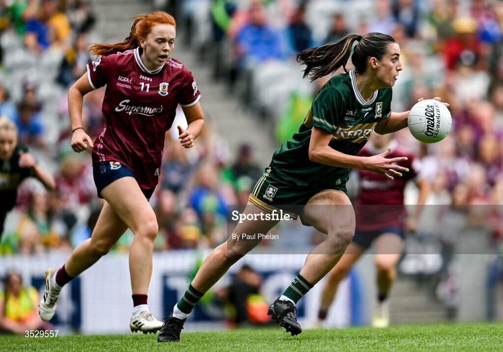 2 August 2026; Emma Costello of Kerry in action against Kate Slevin of Galway during the LGFA TG4 All-Ireland Senior Championship final match between Galway and Kerry at Croke Park in Dublin. Photo by Paul Phelan/Sportsfile
