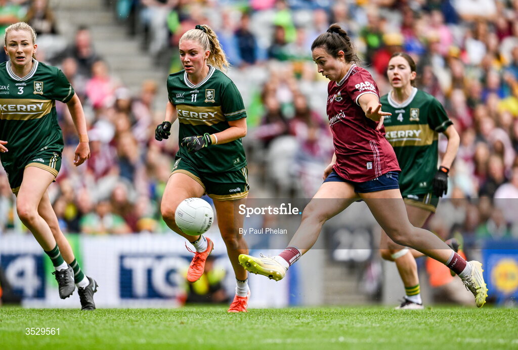 2 August 2026; Leanne Coen of Galway scores her side's first goal during the LGFA TG4 All-Ireland Senior Championship final match between Galway and Kerry at Croke Park in Dublin. Photo by Paul Phelan/Sportsfile