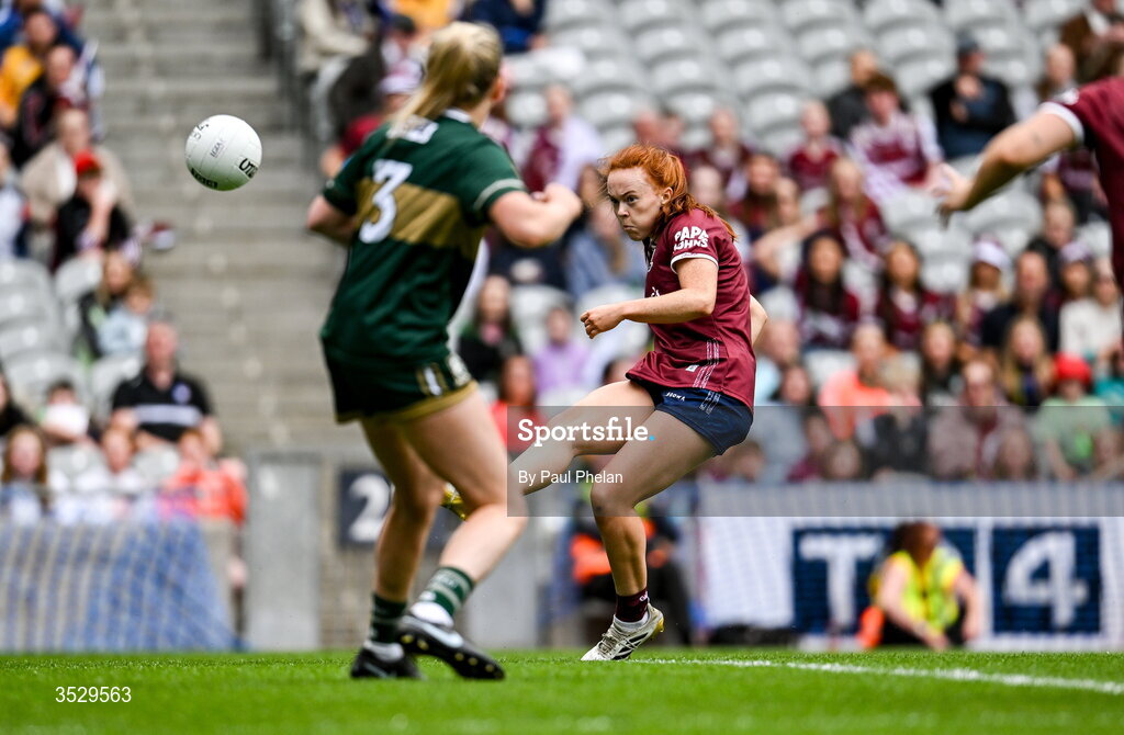 2 August 2026; Kate Slevin of Galway scores a point during the LGFA TG4 All-Ireland Senior Championship final match between Galway and Kerry at Croke Park in Dublin. Photo by Paul Phelan/Sportsfile