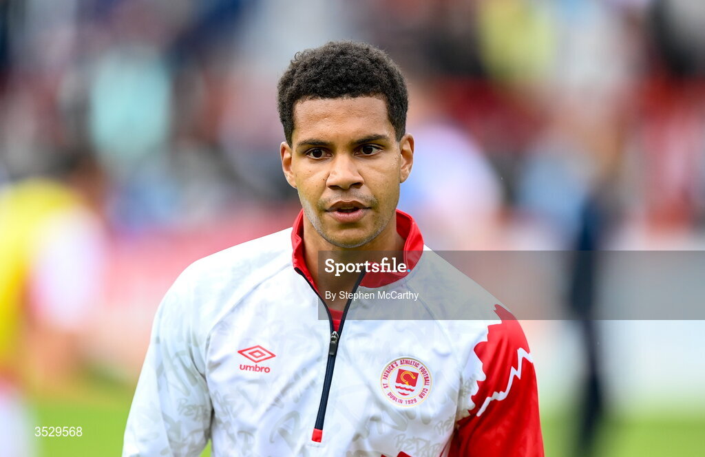 2 August 2026; Anthony Olusanya of St Patrick's Athletic warms up before the SSE Airtricity Men's Premier Division match between St Patrick's Athletic and Derry City at Richmond Park in Dublin. Photo by Stephen McCarthy/Sportsfile