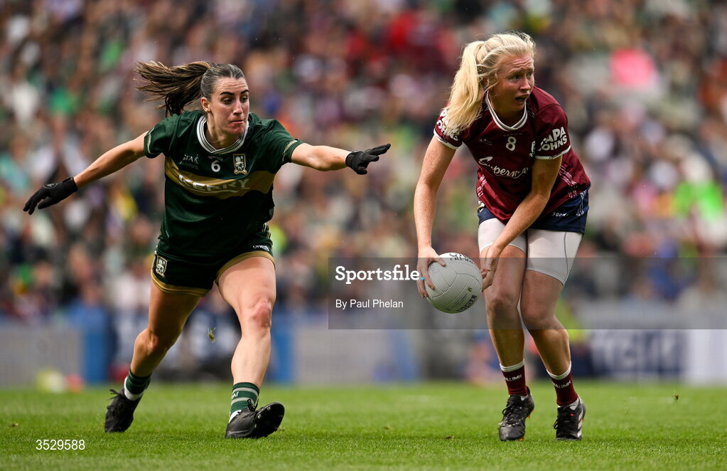 2 August 2026; Louise Ward of Galway in action against Emma Costello of Kerry during the LGFA TG4 All-Ireland Senior Championship final match between Galway and Kerry at Croke Park in Dublin. Photo by Paul Phelan/Sportsfile