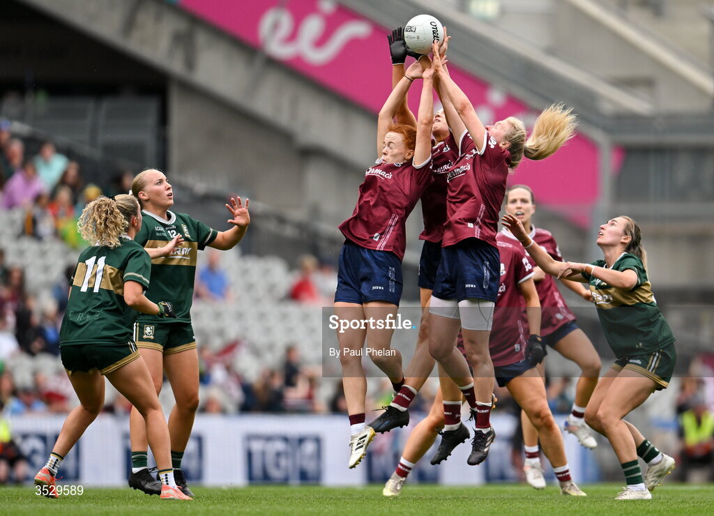 2 August 2026; Kate Slevin Siobhán Divilly and Louise Ward of Galway in action during the LGFA TG4 All-Ireland Senior Championship final match between Galway and Kerry at Croke Park in Dublin. Photo by Paul Phelan/Sportsfile