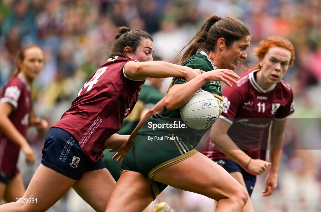 2 August 2026; Leanne Coen of Galway disposses Mary O’Connell of Kerry during the LGFA TG4 All-Ireland Senior Championship final match between Galway and Kerry at Croke Park in Dublin. Photo by Paul Phelan/Sportsfile
