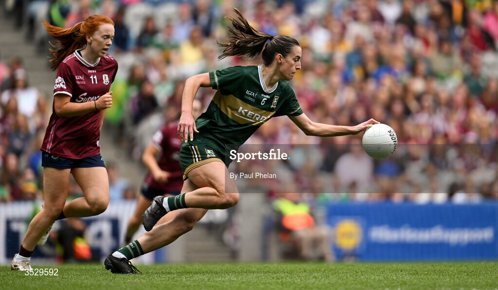 2 August 2026; Emma Costello of Kerry in action against Kate Slevin of Galway during the LGFA TG4 All-Ireland Senior Championship final match between Galway and Kerry at Croke Park in Dublin. Photo by Paul Phelan/Sportsfile