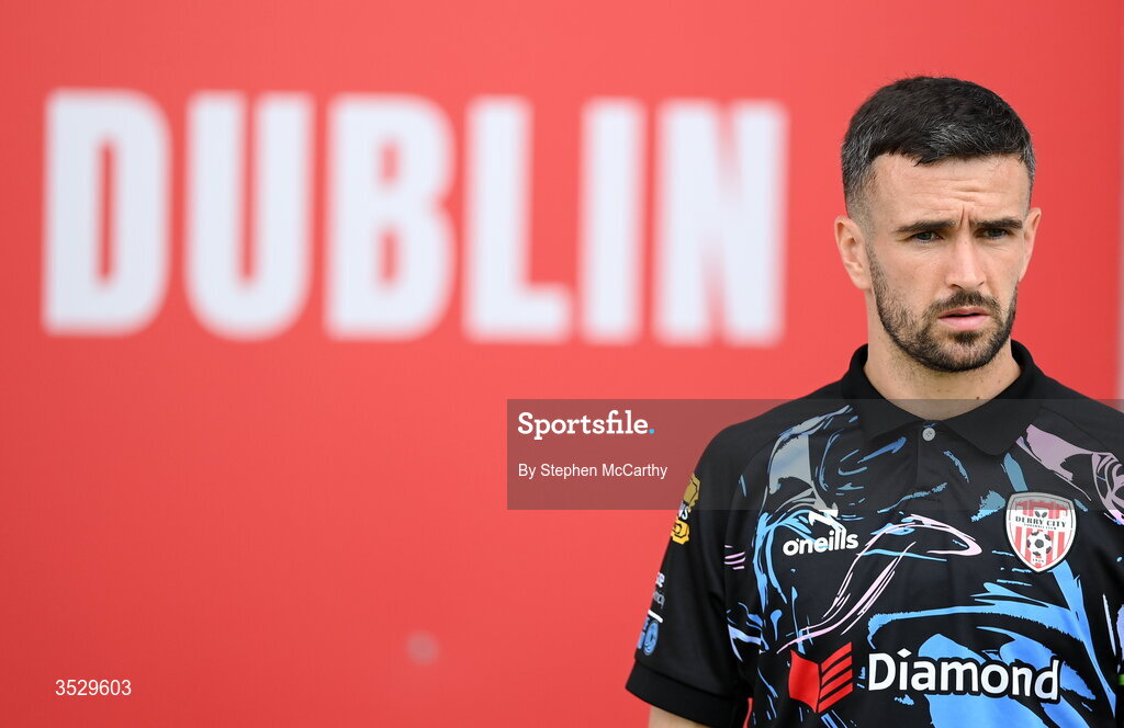 2 August 2026; Michael Duffy of Derry City before the SSE Airtricity Men's Premier Division match between St Patrick's Athletic and Derry City at Richmond Park in Dublin. Photo by Stephen McCarthy/Sportsfile