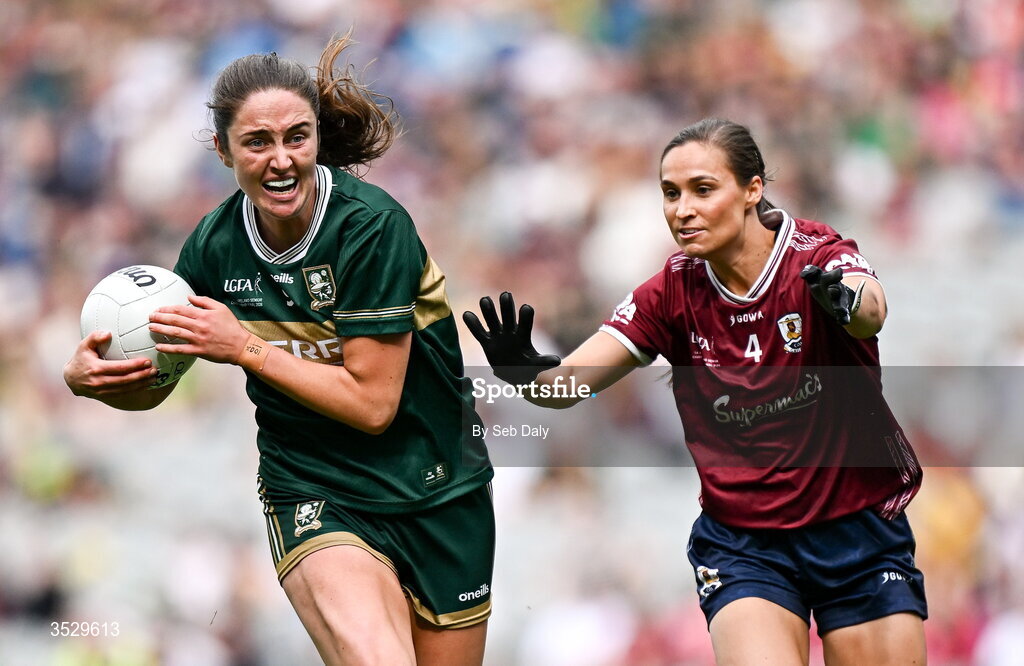 2 August 2026; Mary O’Connell of Kerry in action against Kate Geraghty of Galway during the LGFA TG4 All-Ireland Senior Championship final match between Galway and Kerry at Croke Park in Dublin. Photo by Seb Daly/Sportsfile
