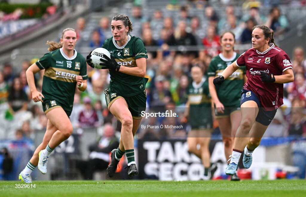 2 August 2026; Emma Costello of Kerry in action against Kate Geraghty of Galway during the LGFA TG4 All-Ireland Senior Championship final match between Galway and Kerry at Croke Park in Dublin. Photo by Piaras Ó Mídheach/Sportsfile
