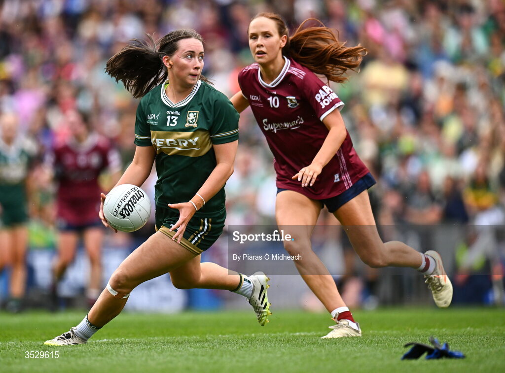 2 August 2026; Jadyn Lucey of Kerry in action against Olivia Divilly of Galway during the LGFA TG4 All-Ireland Senior Championship final match between Galway and Kerry at Croke Park in Dublin. Photo by Piaras Ó Mídheach/Sportsfile