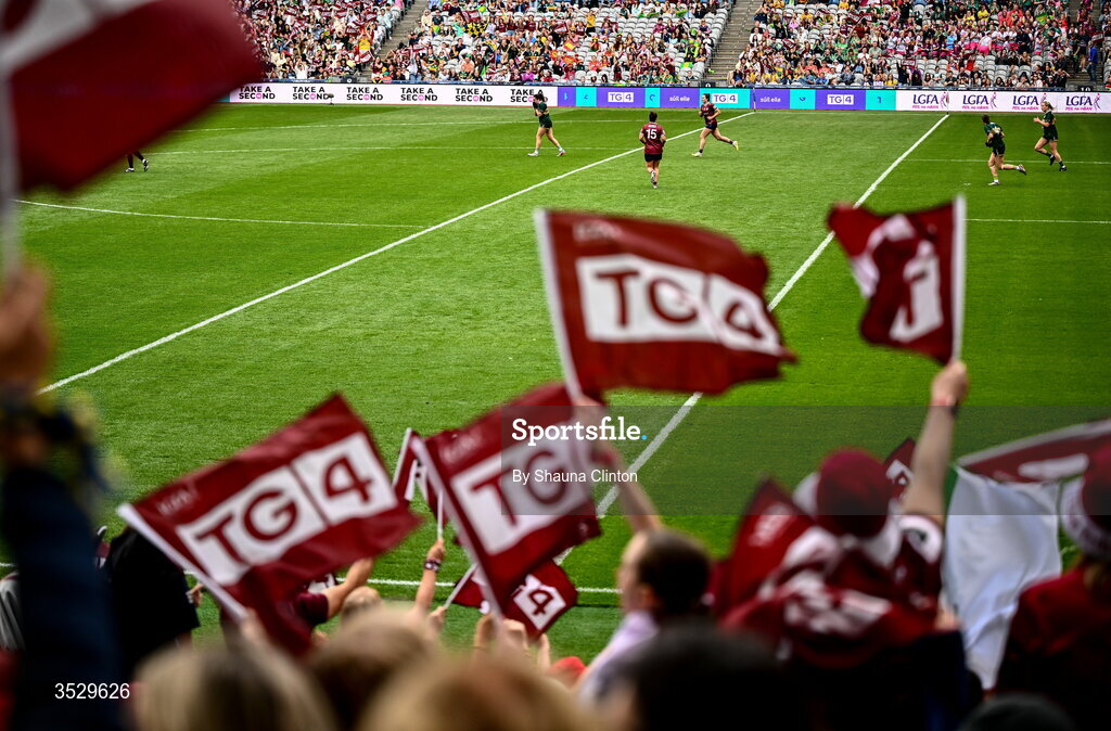 2 August 2026; Galway supporters during the LGFA TG4 All-Ireland Senior Championship final match between Galway and Kerry at Croke Park in Dublin. Photo by Shauna Clinton/Sportsfile
