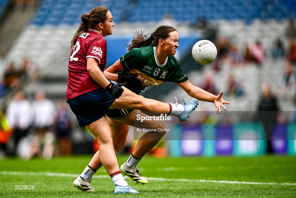 2 August 2026; Brónagh Quinn of Galway in action against Jadyn Lucey of Kerry during the LGFA TG4 All-Ireland Senior Championship final match between Galway and Kerry at Croke Park in Dublin. Photo by Shauna Clinton/Sportsfile