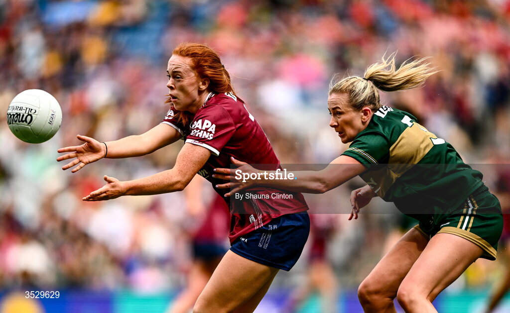 2 August 2026; Kate Slevin of Galway in action against Deirdre Kearney of Kerry during the LGFA TG4 All-Ireland Senior Championship final match between Galway and Kerry at Croke Park in Dublin. Photo by Shauna Clinton/Sportsfile
