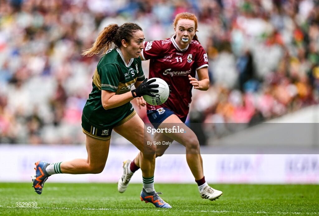 2 August 2026; Aishling O’Connell of Kerry in action against Kate Slevin of Galway during the LGFA TG4 All-Ireland Senior Championship final match between Galway and Kerry at Croke Park in Dublin. Photo by Seb Daly/Sportsfile