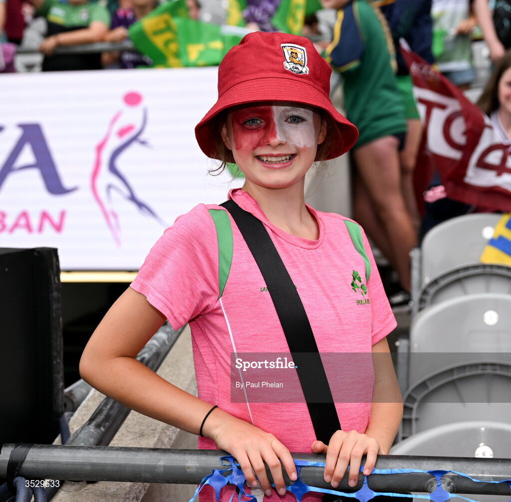 2 August 2026; A Galway supporter before the LGFA TG4 All-Ireland Senior Championship final match between Galway and Kerry at Croke Park in Dublin. Photo by Paul Phelan/Sportsfile