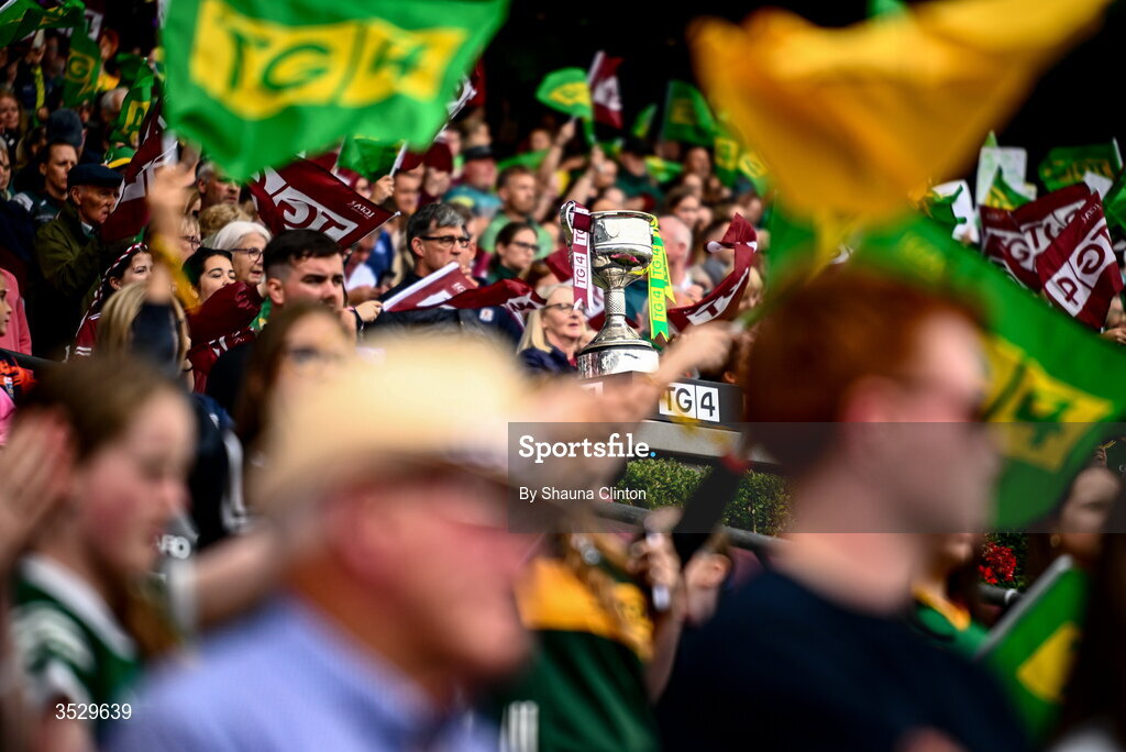 2 August 2026; The Brendan Martin Cup is seen during the LGFA TG4 All-Ireland Senior Championship final match between Galway and Kerry at Croke Park in Dublin. Photo by Shauna Clinton/Sportsfile
