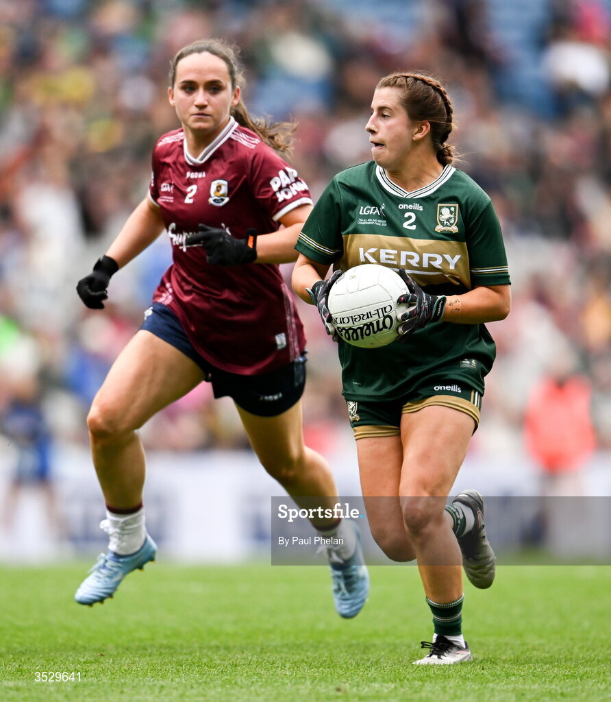 2 August 2026; Róisín Rahilly of Kerry in action against Brónagh Quinn of Galway during the LGFA TG4 All-Ireland Senior Championship final match between Galway and Kerry at Croke Park in Dublin. Photo by Paul Phelan/Sportsfile