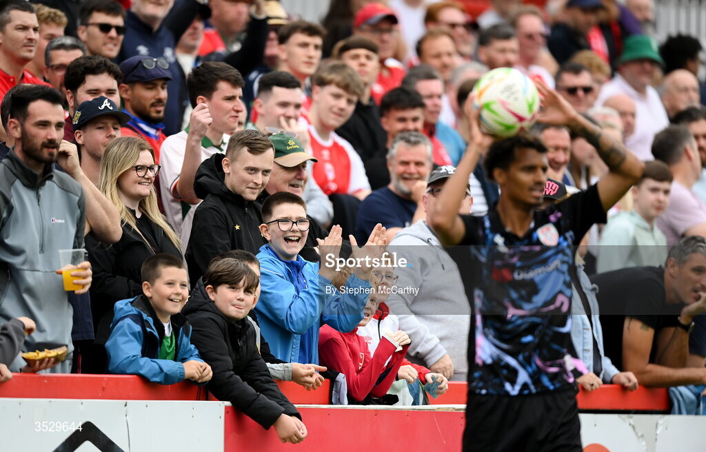 2 August 2026; St Patrick's Athletic supporters during the SSE Airtricity Men's Premier Division match between St Patrick's Athletic and Derry City at Richmond Park in Dublin. Photo by Stephen McCarthy/Sportsfile