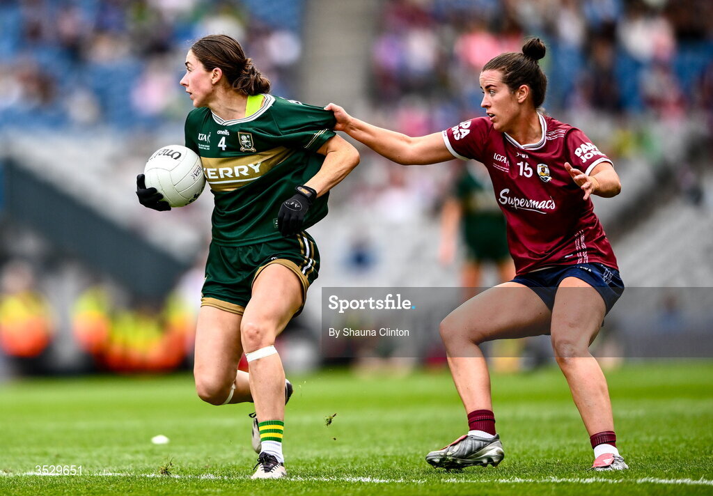 2 August 2026; Eilís Lynch of Kerry in action against Róisín Leonard of Galway during the LGFA TG4 All-Ireland Senior Championship final match between Galway and Kerry at Croke Park in Dublin. Photo by Shauna Clinton/Sportsfile