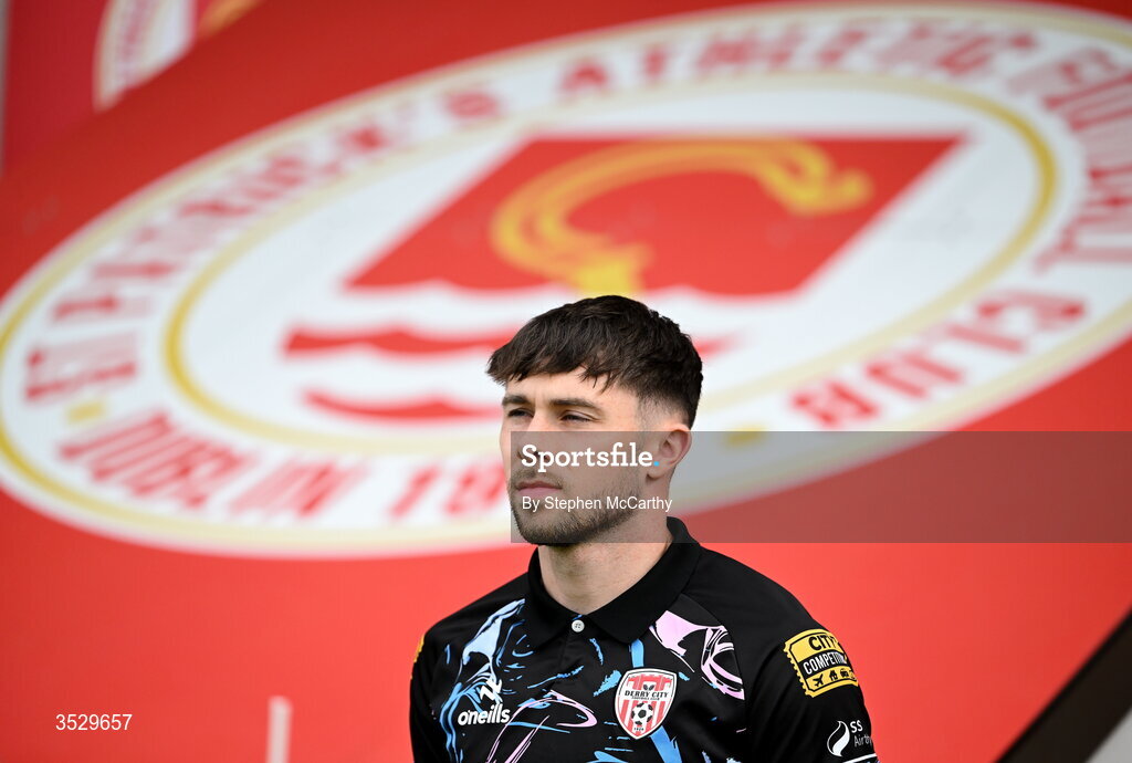 2 August 2026; Adam O'Reilly of Derry City before the SSE Airtricity Men's Premier Division match between St Patrick's Athletic and Derry City at Richmond Park in Dublin. Photo by Stephen McCarthy/Sportsfile