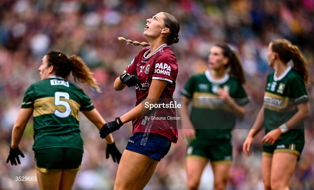 2 August 2026; Kate Thompson of Galway watches a score go wide during the LGFA TG4 All-Ireland Senior Championship final match between Galway and Kerry at Croke Park in Dublin. Photo by Shauna Clinton/Sportsfile