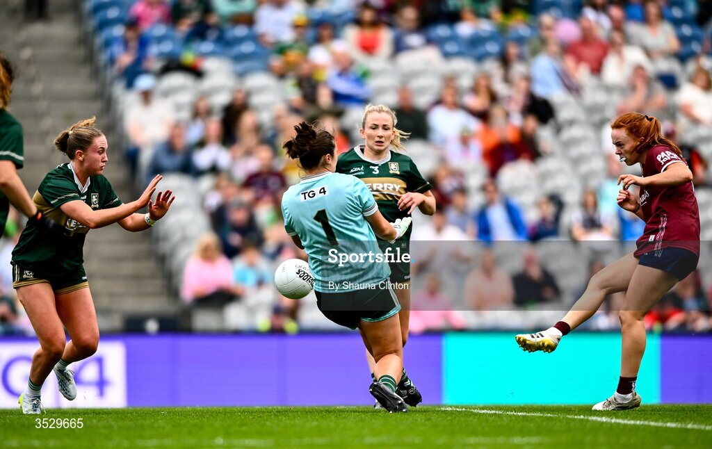 2 August 2026; Kate Slevin of Galway has a shot on goal blocked by Síofra O’Shea of Kerry during the LGFA TG4 All-Ireland Senior Championship final match between Galway and Kerry at Croke Park in Dublin. Photo by Shauna Clinton/Sportsfile
