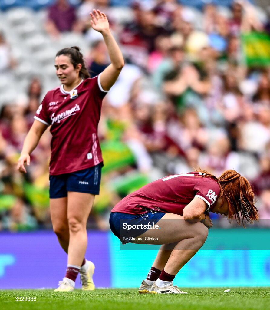 2 August 2026; Kate Slevin of Galway reacts to a missed shot on goal during the LGFA TG4 All-Ireland Senior Championship final match between Galway and Kerry at Croke Park in Dublin. Photo by Shauna Clinton/Sportsfile