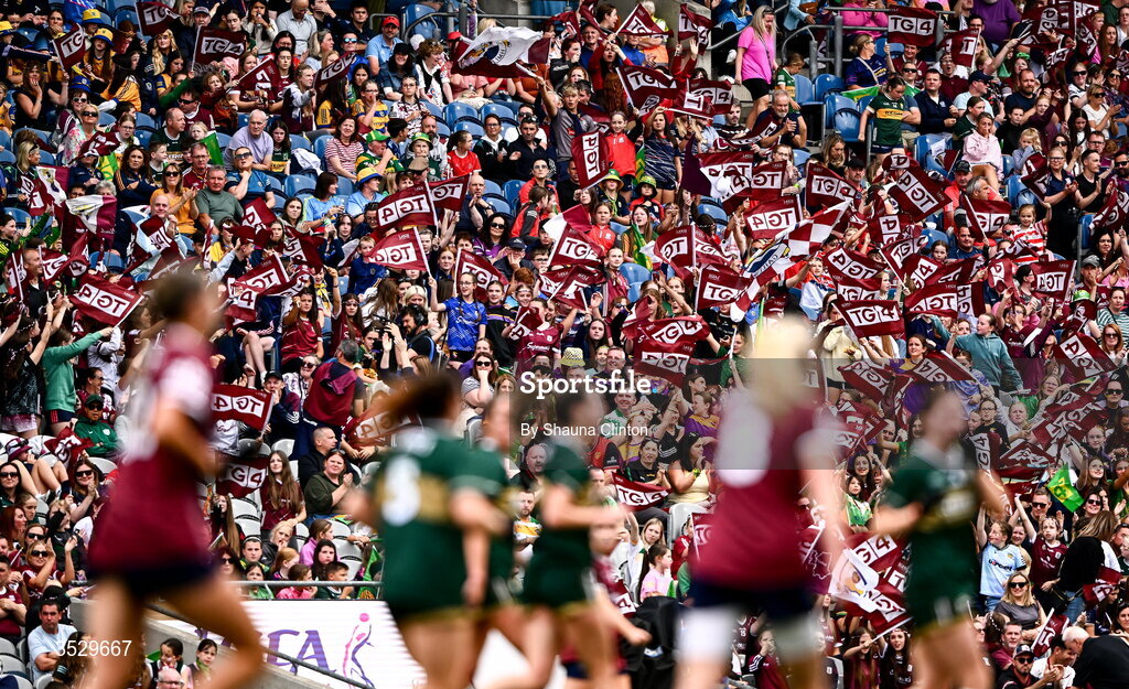 2 August 2026; Galway supporters react to a goal during the LGFA TG4 All-Ireland Senior Championship final match between Galway and Kerry at Croke Park in Dublin. Photo by Shauna Clinton/Sportsfile